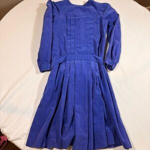 Vtg Long Sleeve Midi Corduroy Dress Cobalt Blue 9-10 Prairie Cottagecore Blue